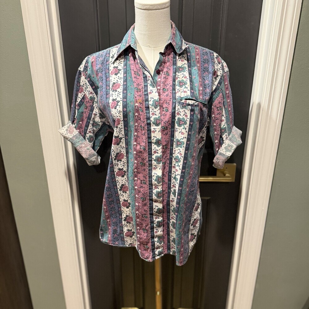 Vintage Paris Sport Club Floral Stripe Button Up Shirt Women’s Medium Cottage